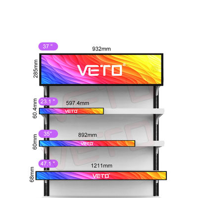 Calidad VETO 23.1 pulgadas Ultra Bar Extensión ancha pantalla de LCD de publicidad de interior reproductor multimedia digital pantalla de borde de la estantería fábrica
